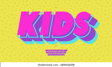 Vector kids font 3d bold style modern typography for poster, decoration, promotion, book, t shirt, sale banner, printing on fabric. Cool alphabet. Trendy typeface. 10 eps