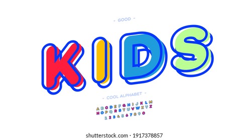 Vector kids font 3d bold colorful style modern typography for poster, decoration, promotion, book, t shirt, sale banner, printing on fabric. Cool alphabet. Trendy typeface. 10 eps