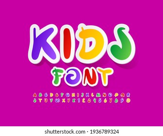 Vector Kids Font. Artistic style Alphabet. Colorful sticker Letters and Numbers set