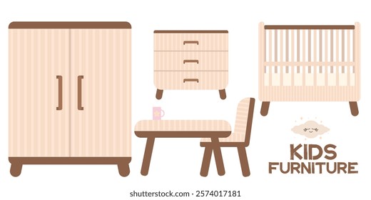 Vector kid's furniture's set for newborns, kids in flat style. Wooden furniture for kids room. Safe piece of furniture without corners in light colors isolated on white background. Vector clip arts.