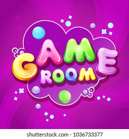 Vector kids game room cartoon poster, banner template. Children, baby playground playroom, education fun area design, sticker, print. Colorful purple background illustration with bubble air balloon