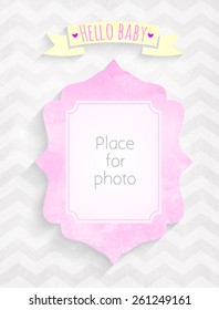 Vector kids girl page Hello baby! with photo watercolor  frame for scrapbooking album