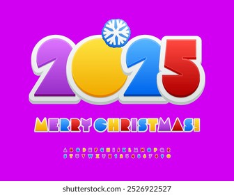 Vector kids Greeting Card Merry Christmas 2025! Colorful Alphabet Letters and Numbers set. Modern Children Font.