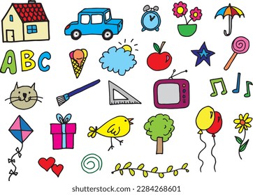 Vector kids hand drawings, colored doodle collection