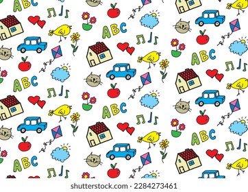 Vector kids hand drawings, colored doodle pattern 