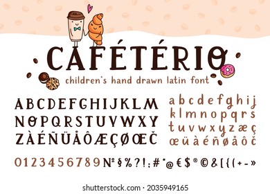 vector kids hand drawn latin serif font with coffee cup, croissant, donut and cookies
