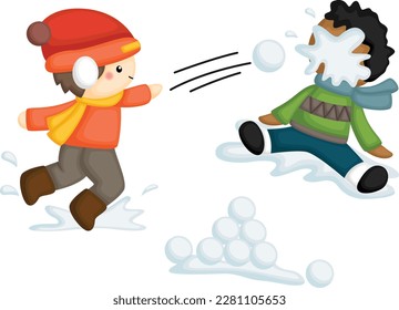 un vector de niños con pelea de bolas de nieve