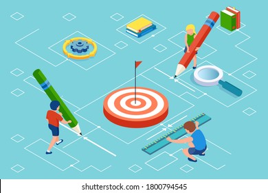 Vector of kids holding a ruler and pencils measuring the size of the education target