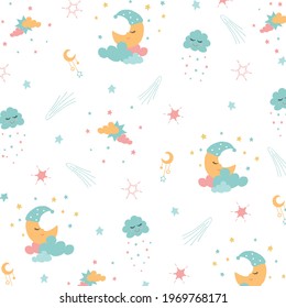 Vector kids illustration with cute cartoon characters star, cloud, moon.  For children design and textiles. Vector illustration in blue, pink, yellow colours and white background.