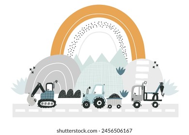 Vector kids illustration with cute funny construction machines. Tractor, bulldozer, excavator, truck. Mountains and hills, plants, rainbow. Boho trendy design.. City with cars, road, highway. Nursery.