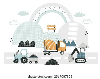 Vector kids illustration with cute funny construction machines. Tractor, bulldozer, excavator, truck. Mountains and hills, plants, rainbow. Boho trendy design.. City with cars, road, highway. Nursery.