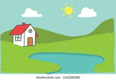 Vector kid's illustration of green landscape of sunny morning with a cute  house on the hills