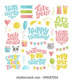 Vector kids illustration of hand drawn calligraphy. Lettering set for invitation, celebration and greeting card, prints and posters. Graphic elements for design of baby birthday and children party