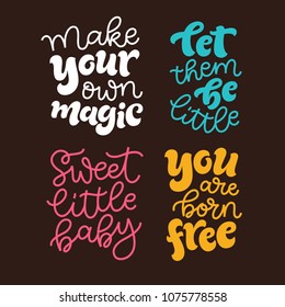 Vector kids illustration of lettering set for invitation and greeting card,  toppers, prints and posters. Graphic elements for design of baby birthday and party. Hand drawn calligraphy