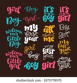 Vector kids illustration, lettering set for invitations, greeting card, cake toppers, prints, posters. Graphic elements for design of baby birthdays, parties for girls and boys. Handdrawn calligraphy