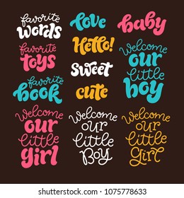 Vector kids illustration of lettering set for invitations, greeting card, cake toppers, prints, posters. Graphic elements for design of baby birthdays, parties for girls&boys. Handdrawn calligraphy