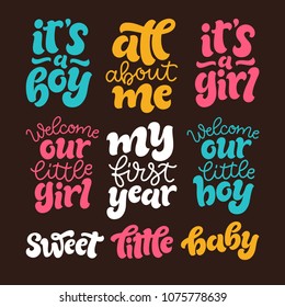Vector kids illustration of lettering set for invitations, greeting card, cake toppers, prints, posters. Graphic elements for design of baby birthdays, parties for girls&boys. Handdrawn calligraphy
