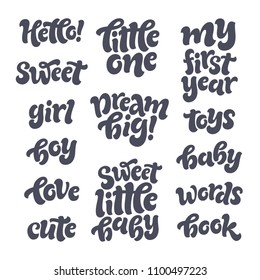 Vector kids illustration of lettering set for invitation and greeting card, toppers, prints and posters. Graphic elements for design of baby birthday and party. Hand drawn calligraphy