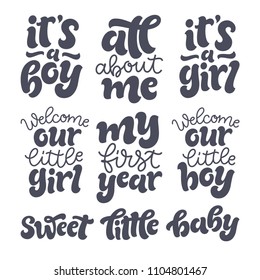 Vector kids illustration of lettering set for invitation and greeting card, cake toppers, prints and posters. Calligraphic elements for design of baby birthdays and parties for girls and boyd