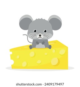 Vector kids illustration. Mouse is sitting on cheese. Cute animal character. Minimal cartoon design. Sutable for apps and animation. 
