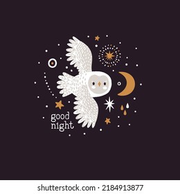 Vector kids illustration with polar owl. Magical poster with flying arctic owl, moon, stars and text “Good night”. Fairytale print with white owl and twinkling stars. Fantasy winter background