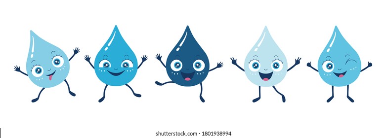 Vector kids illustration of rain water drop character. Set of mascots isolated on white background. Light blue to deep blue colors. Five color variation. Happy and funny droplets jump and dance.