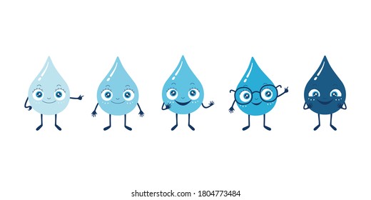 Vector kids illustration of rain water drop character. Set of mascots isolated on white background. Light blue to deep blue colors. Five color variation. Happy, funny and smart droplets.