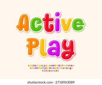 Logo de Vector Kids Active Play. Fuente brillante colorida. Letras, números y símbolos del alfabeto de los niños brillantes