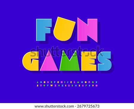Vector Kids logo Fun Games. Colorful Children Font. Bright Abstract style Alphabet Letters and Numbers set.