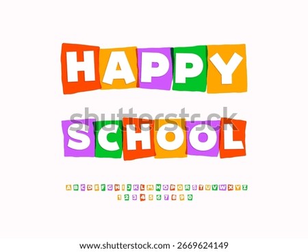 Vector Kids logo Happy School. Bright Children Font. Modern Colorful Alphabet Letters and Numbers set.