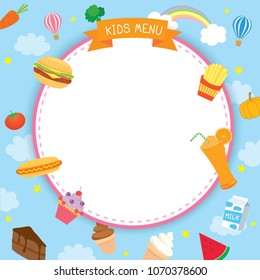 Vector of kids menu design template decorated with food, fruits, dessert, drink and ingredients