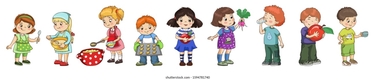 Vector kids for menu templates. Children eat healhy food and cooking.