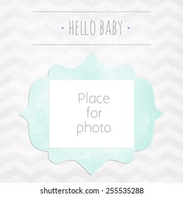 Vector kids page photo frame for album scrapbooking. Design template with gray watercolor background with zigzag pattern