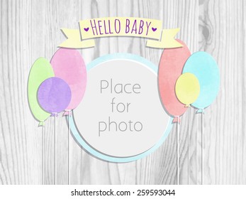 Vector kids page photo frame for album scrapbooking. Design template with watercolor balloons on the wooden background