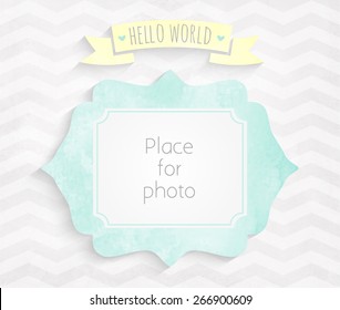 Vector kids page photo frame for album scrapbooking. Design template with gray watercolor background with zigzag pattern