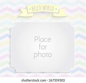 Vector kids page photo frame for album scrapbooking. Design template with gray watercolor background with rainbow zigzag pattern