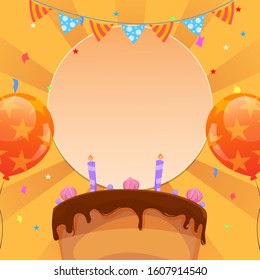 Vector kids Party or birthday card template with place for your message. with balloons, confetti, birthday cake on orange background. 