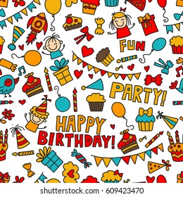 Vector kids party Children birthday icons in doodle style Illustration with children, candy, balloon, boys, girls