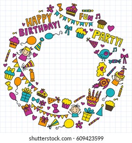 Vector kids party Children birthday icons in doodle style Illustration with children, candy, balloon, boys, girls