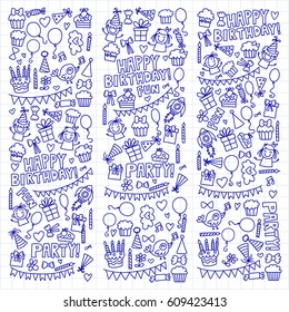 Vector kids party Notepad paper Children birthday icons in doodle style Illustration with children, candy, balloon, boys, girls