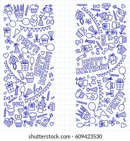 Vector kids party Notepad paper Children birthday icons in doodle style Illustration with children, candy, balloon, boys, girls