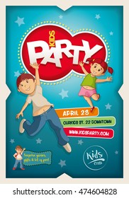Vector Kids Party poster design template. Boy and girl happy and jumping. 