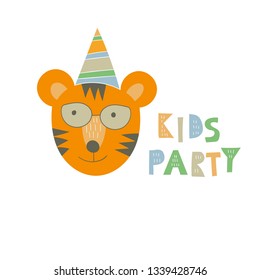 Vector "Kids Party" Print with  Cute Tiger. Nursery Scandinavian Style Pattern