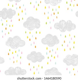 Vector kids pattern with clouds and rain drops. Cute doodle scandinavian seamless background in mint, pink, yellow and gray.