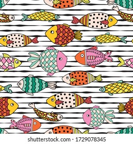 Patrón de niños vectores. Los peces coloridos de los arrecifes de doodle sobre líneas negras y blancas repiten el patrón vectorial. Fondo animal sin fisuras para los niños. 