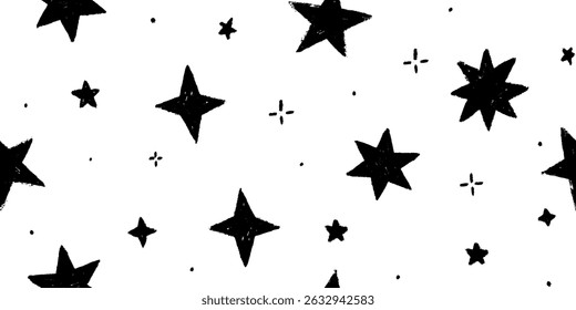 Vector kids pattern with doodle textured stars. Vector seamless background, blue and orange markers and brush stroke sketch pattern
