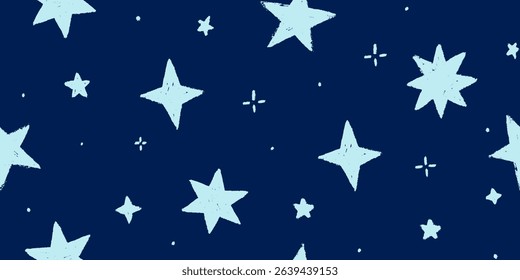 Vector kids pattern with doodle textured stars. Vector seamless background, blue and orange markers and brush stroke sketch pattern