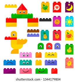 Vector kids plastic bricks toys with kawai fruit with cute smiles. Vector isolates on a white background.