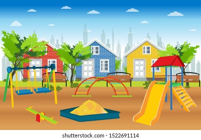 Vector of a kids playground with slides, swings and sand box in a suburban neighborhood surrounded by green trees