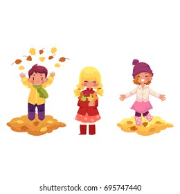 vector kids playing with falling leaves character set. girls ,boy collect autumn falling leaves throw it up in autumn clothing. cartoon isolated illustration on a white background Autumn kids activity